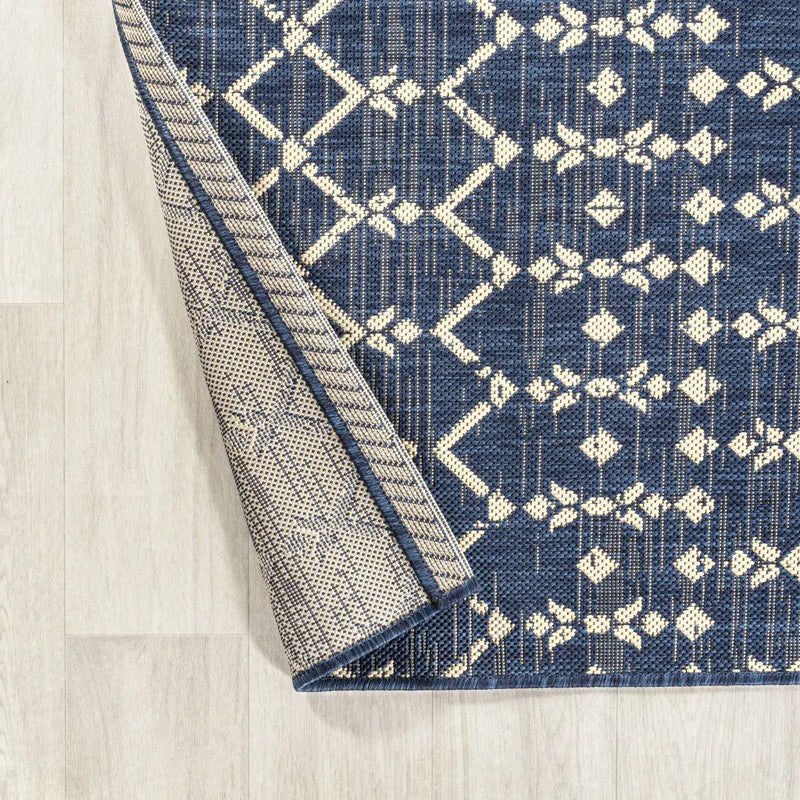 8' Navy Blue And Beige Square Trellis Indoor Outdoor Area Rug Homeroots Outdoor