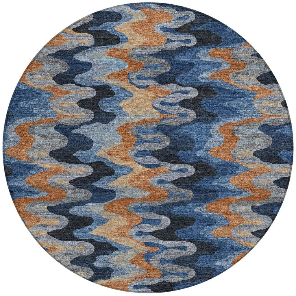 8' Navy Blue And Black Round Abstract Washable Indoor Outdoor Area Rug Homeroots Outdoor
