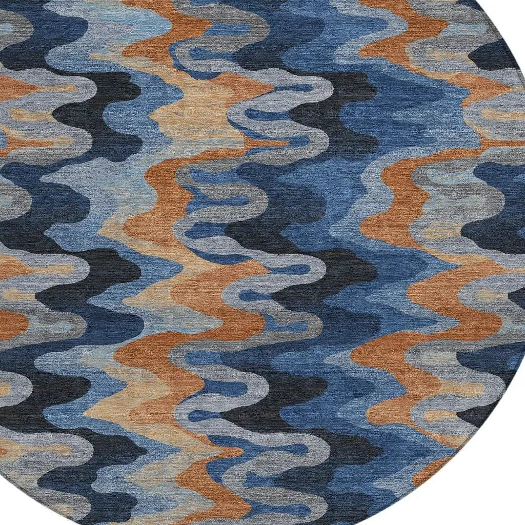 8' Navy Blue And Black Round Abstract Washable Indoor Outdoor Area Rug Homeroots Outdoor