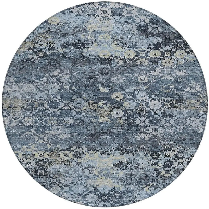 8' Navy Blue And Blue Round Abstract Washable Indoor Outdoor Area Rug Homeroots Outdoor