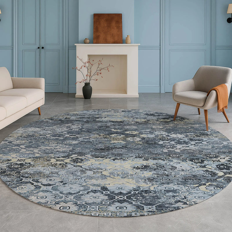 8' Navy Blue And Blue Round Abstract Washable Indoor Outdoor Area Rug Homeroots Outdoor