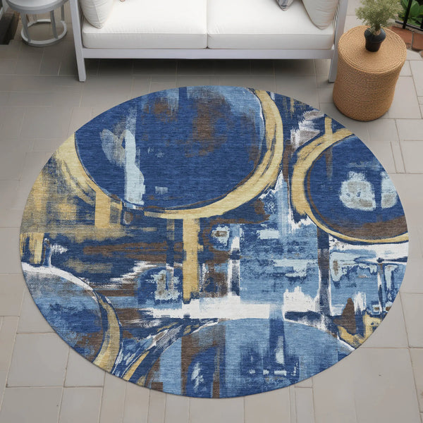 8' Navy Blue And Blue Round Abstract Washable Indoor Outdoor Area Rug Homeroots Outdoor