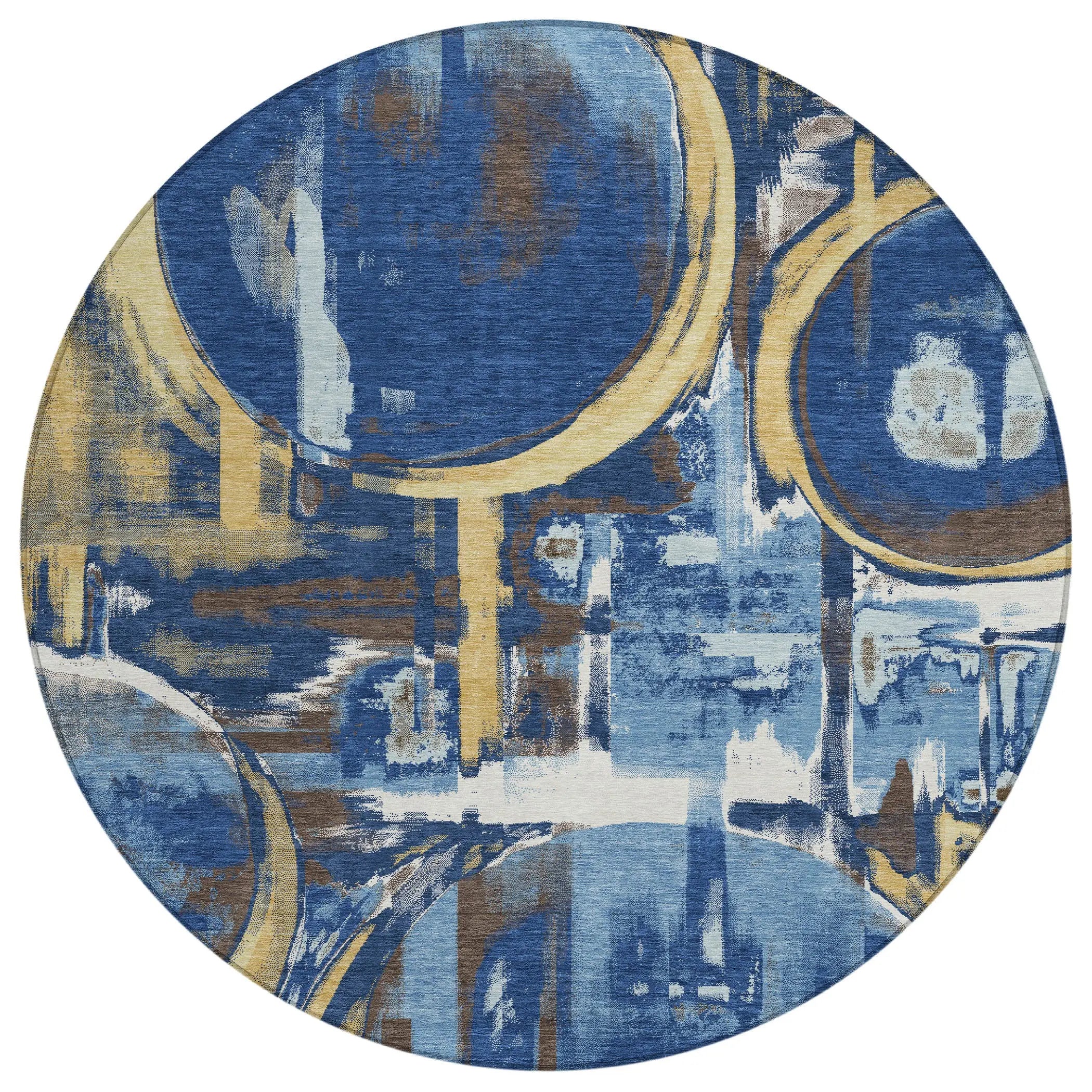 8' Navy Blue And Blue Round Abstract Washable Indoor Outdoor Area Rug Homeroots Outdoor