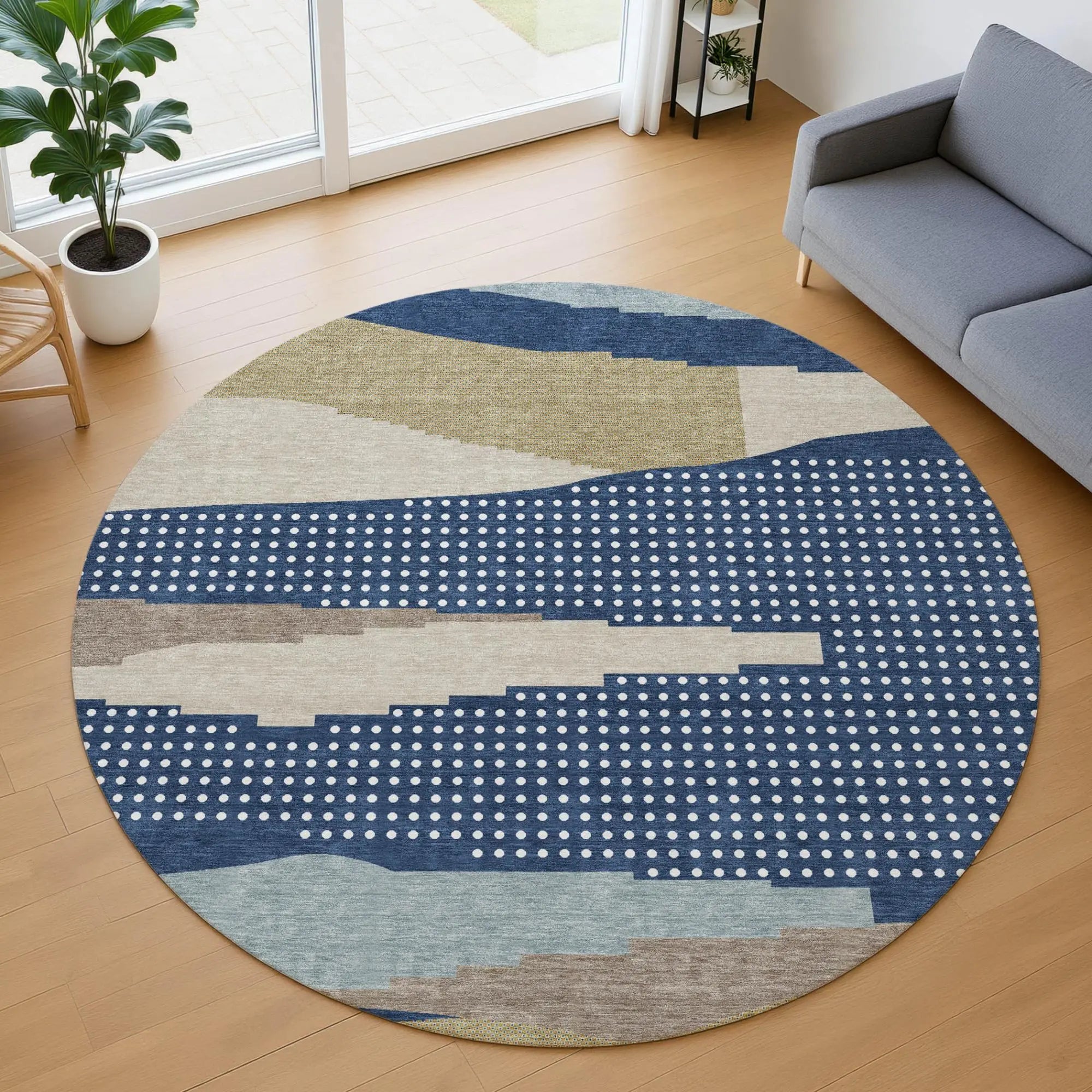8' Navy Blue And Blue Round Abstract Washable Indoor Outdoor Area Rug Homeroots Outdoor