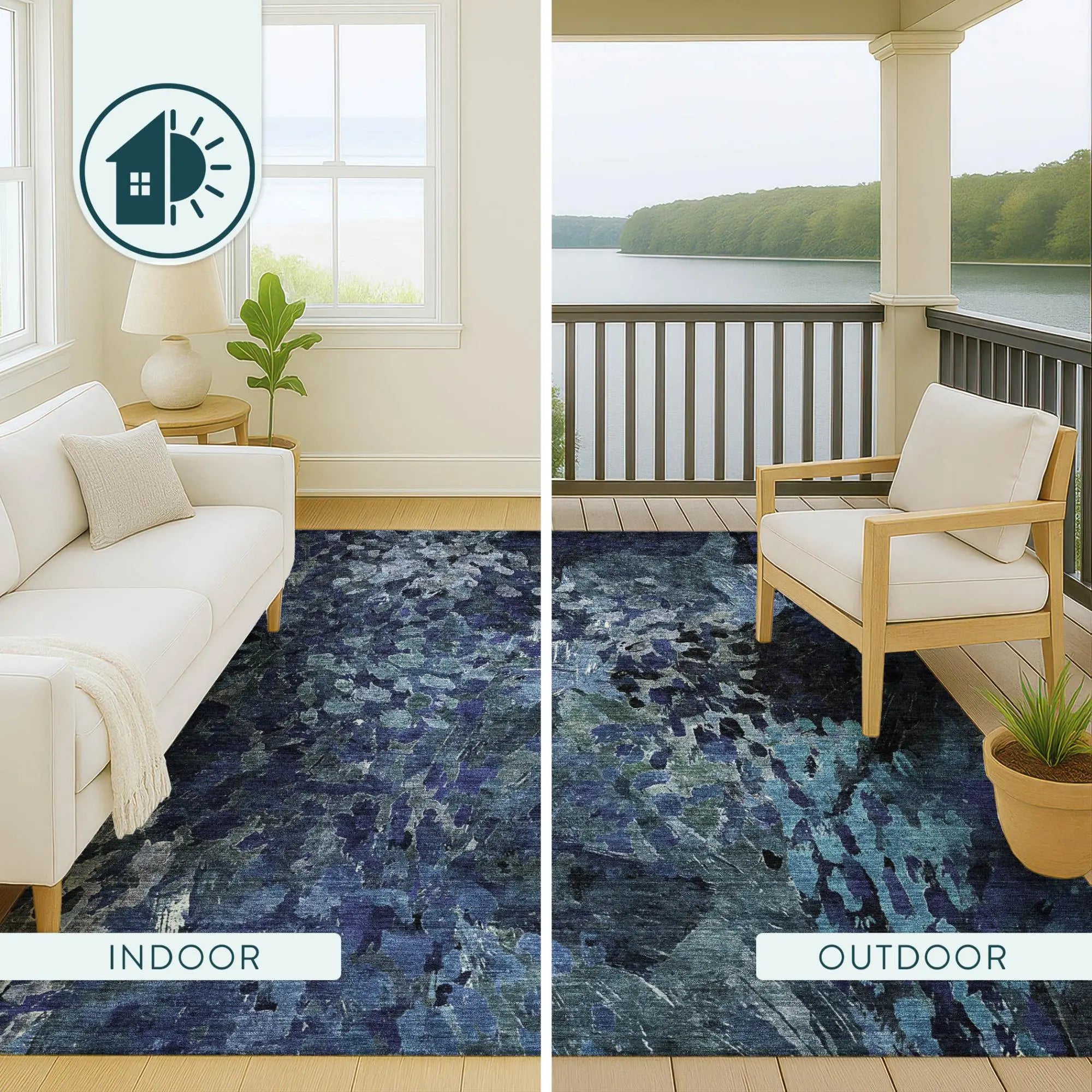 8' Navy Blue And Blue Round Abstract Washable Indoor Outdoor Area Rug Homeroots Outdoor