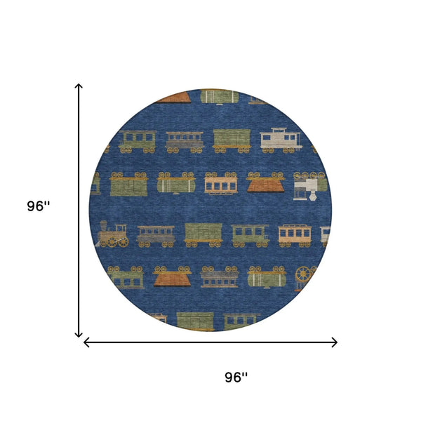8' Navy Blue And Blue Round Abstract Washable Indoor Outdoor Area Rug Homeroots Outdoor
