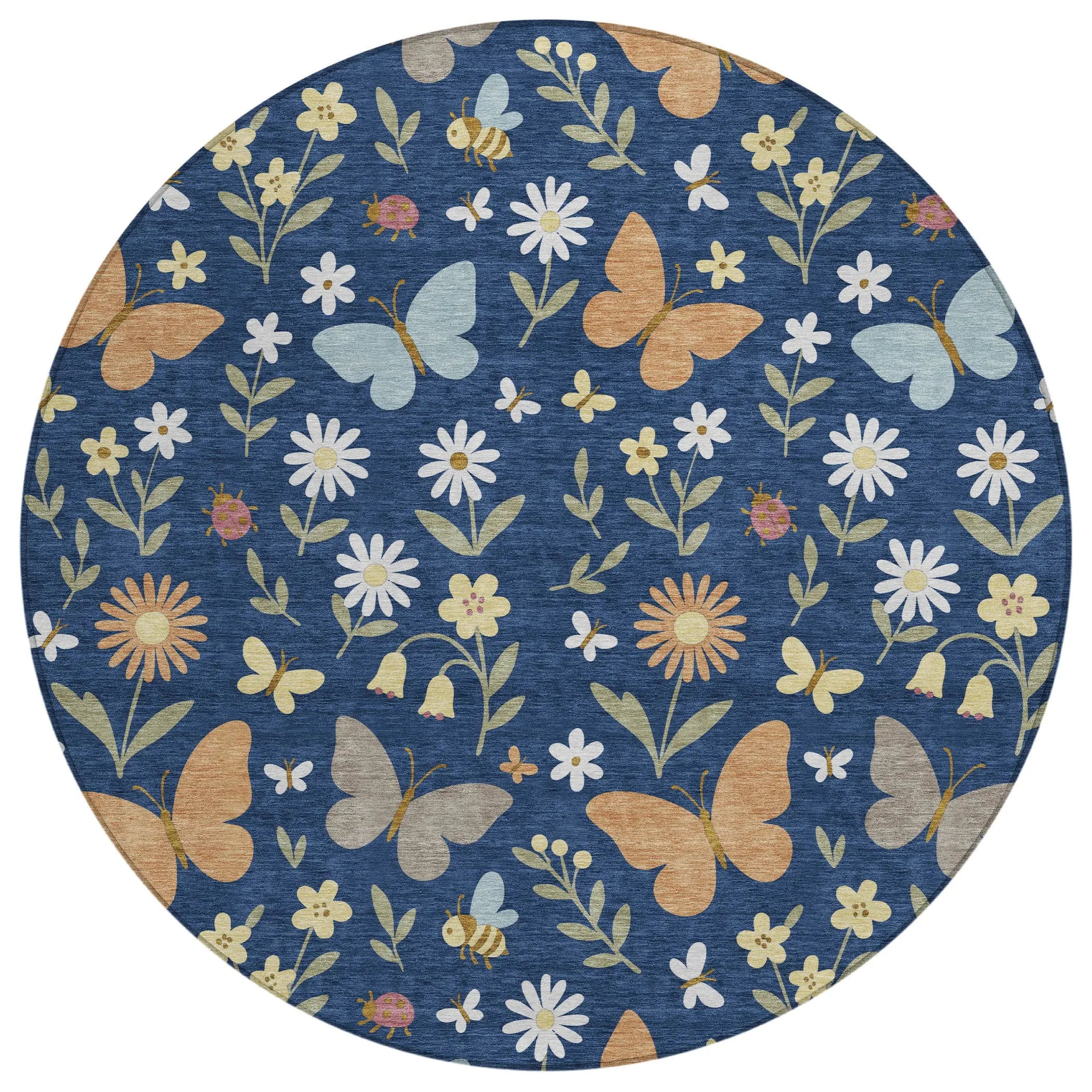 8' Navy Blue And Blue Round Abstract Washable Indoor Outdoor Area Rug Homeroots Outdoor