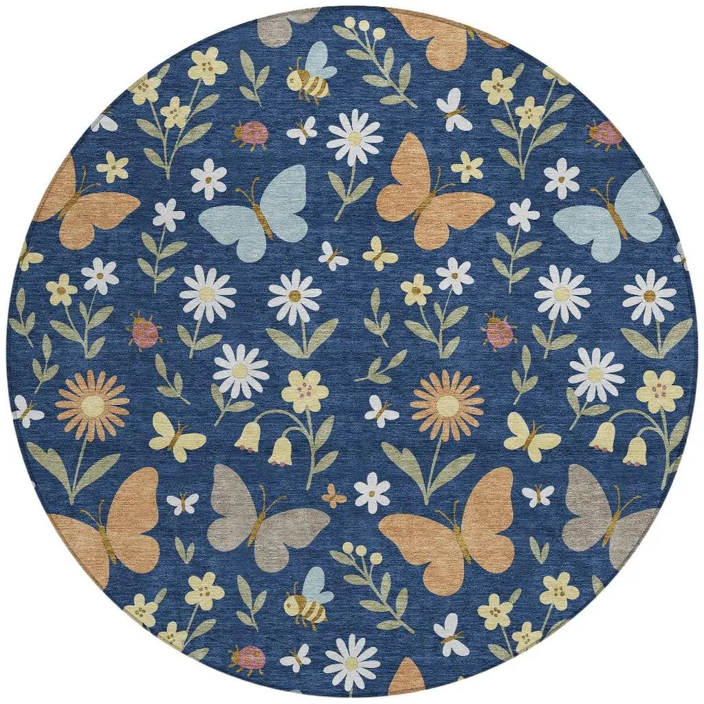 8' Navy Blue And Blue Round Abstract Washable Indoor Outdoor Area Rug Homeroots Outdoor
