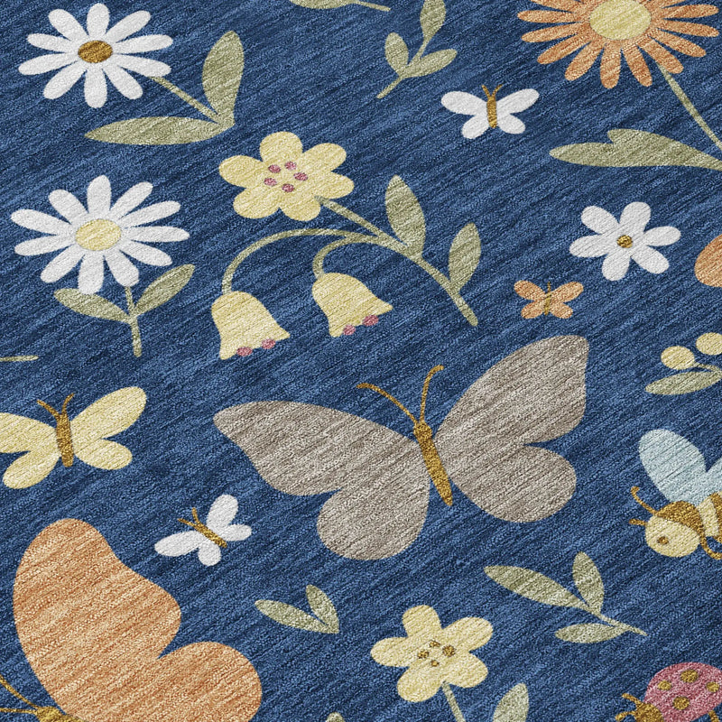 8' Navy Blue And Blue Round Abstract Washable Indoor Outdoor Area Rug Homeroots Outdoor