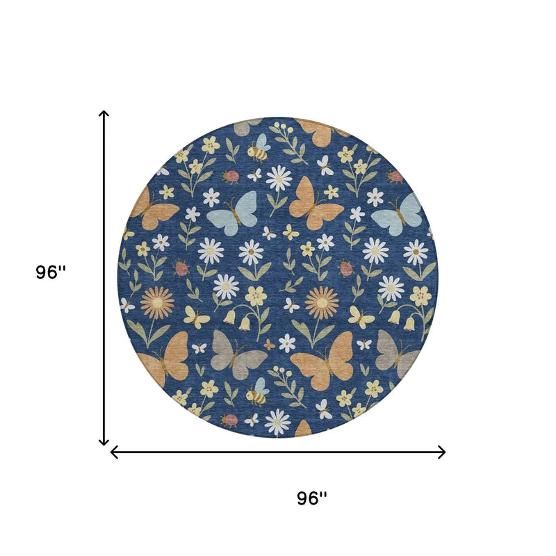 8' Navy Blue And Blue Round Abstract Washable Indoor Outdoor Area Rug Homeroots Outdoor
