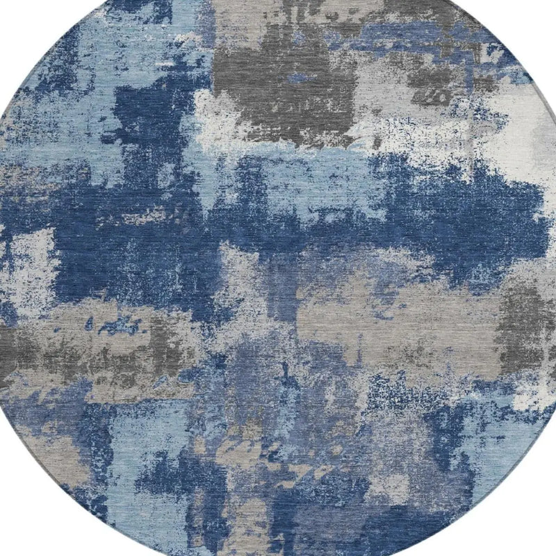 8' Navy Blue And Blue Round Abstract Washable Indoor Outdoor Area Rug Homeroots Outdoor