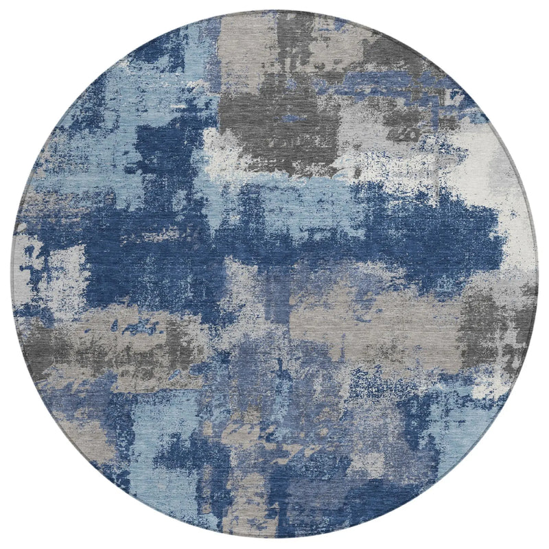 8' Navy Blue And Blue Round Abstract Washable Indoor Outdoor Area Rug Homeroots Outdoor