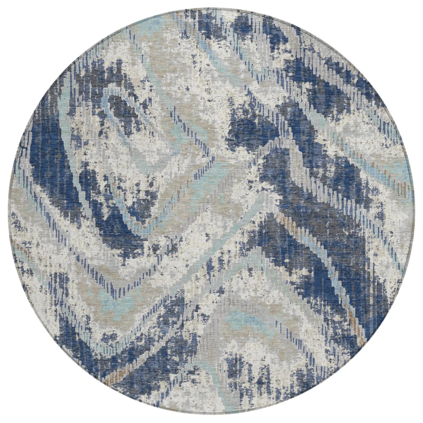 8' Navy Blue And Blue Round Abstract Washable Indoor Outdoor Area Rug Homeroots Outdoor