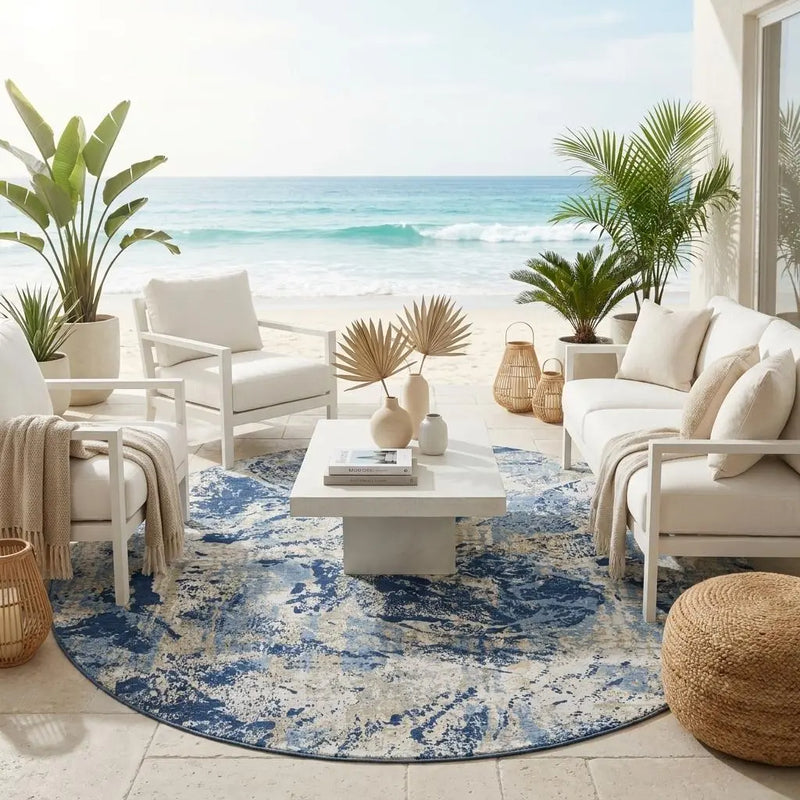 8' Navy Blue And Blue Round Abstract Washable Indoor Outdoor Area Rug Homeroots Outdoor