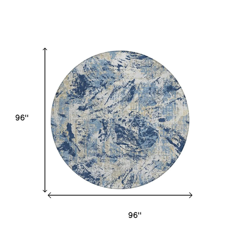 8' Navy Blue And Blue Round Abstract Washable Indoor Outdoor Area Rug Homeroots Outdoor
