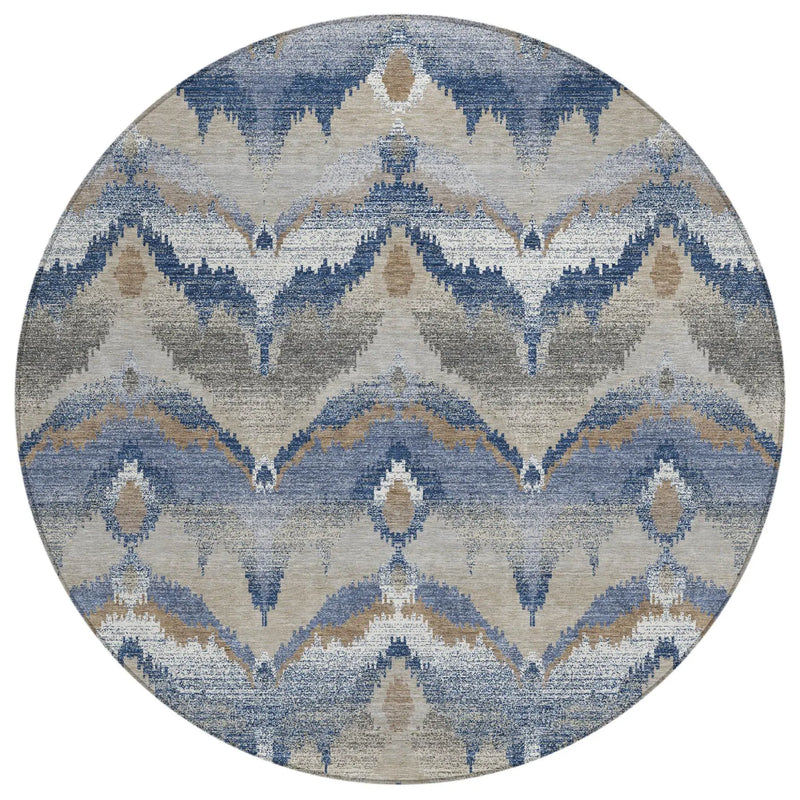 8' Navy Blue And Blue Round Abstract Washable Indoor Outdoor Area Rug Homeroots Outdoor
