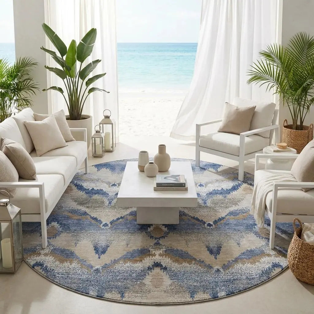 8' Navy Blue And Blue Round Abstract Washable Indoor Outdoor Area Rug Homeroots Outdoor