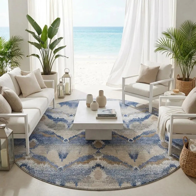 8' Navy Blue And Blue Round Abstract Washable Indoor Outdoor Area Rug Homeroots Outdoor