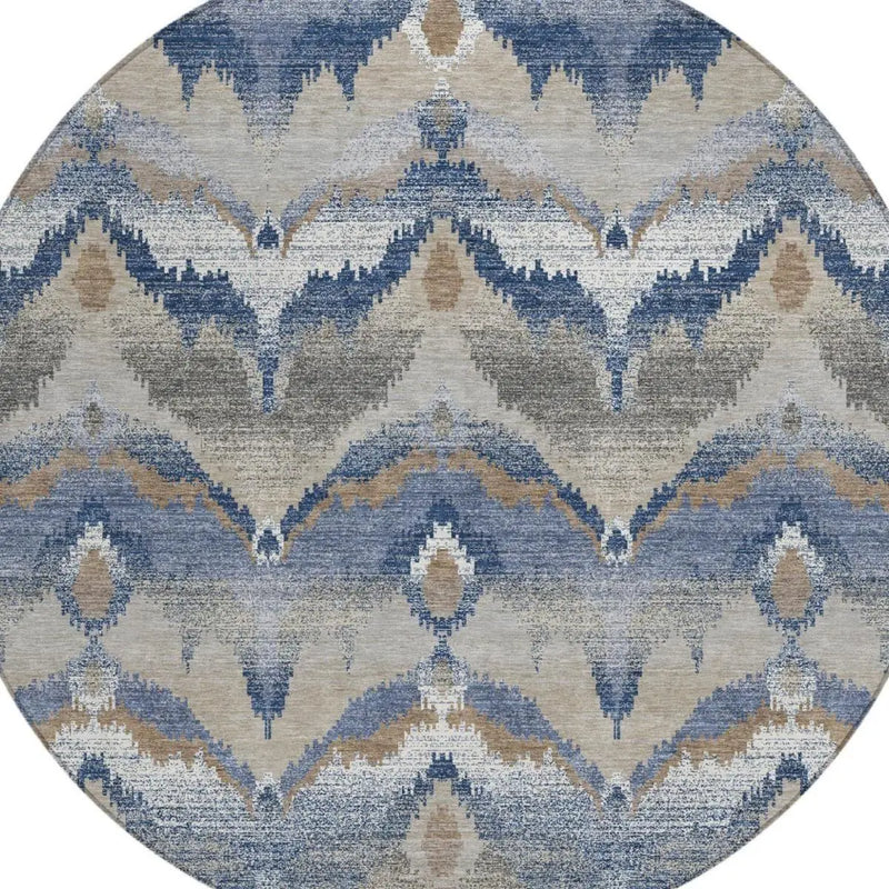 8' Navy Blue And Blue Round Abstract Washable Indoor Outdoor Area Rug Homeroots Outdoor