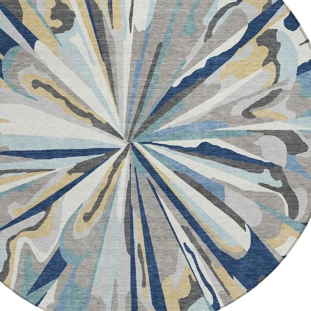 8' Navy Blue And Blue Round Abstract Washable Indoor Outdoor Area Rug Homeroots Outdoor