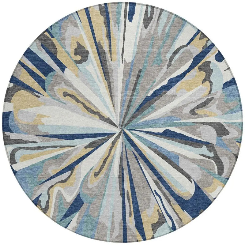8' Navy Blue And Blue Round Abstract Washable Indoor Outdoor Area Rug Homeroots Outdoor