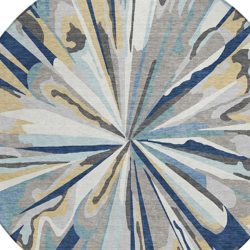 8' Navy Blue And Blue Round Abstract Washable Indoor Outdoor Area Rug Homeroots Outdoor