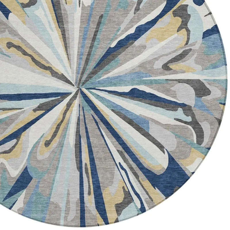 8' Navy Blue And Blue Round Abstract Washable Indoor Outdoor Area Rug Homeroots Outdoor