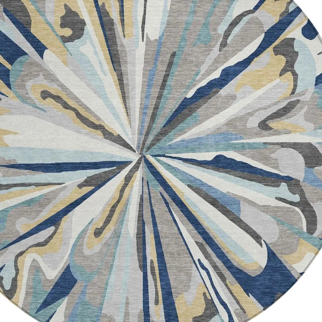 8' Navy Blue And Blue Round Abstract Washable Indoor Outdoor Area Rug Homeroots Outdoor
