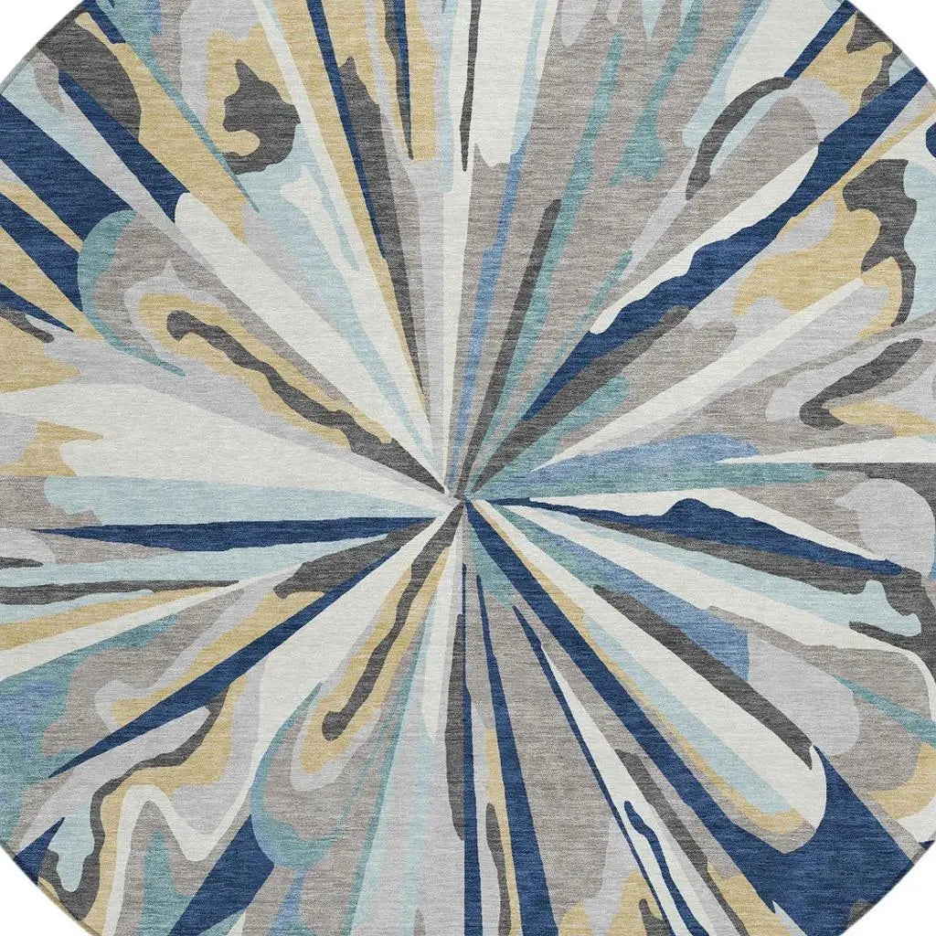 8' Navy Blue And Blue Round Abstract Washable Indoor Outdoor Area Rug Homeroots Outdoor