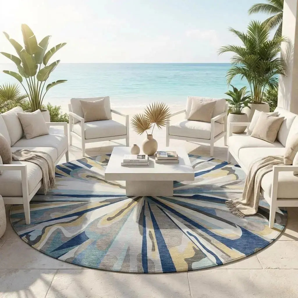 8' Navy Blue And Blue Round Abstract Washable Indoor Outdoor Area Rug Homeroots Outdoor