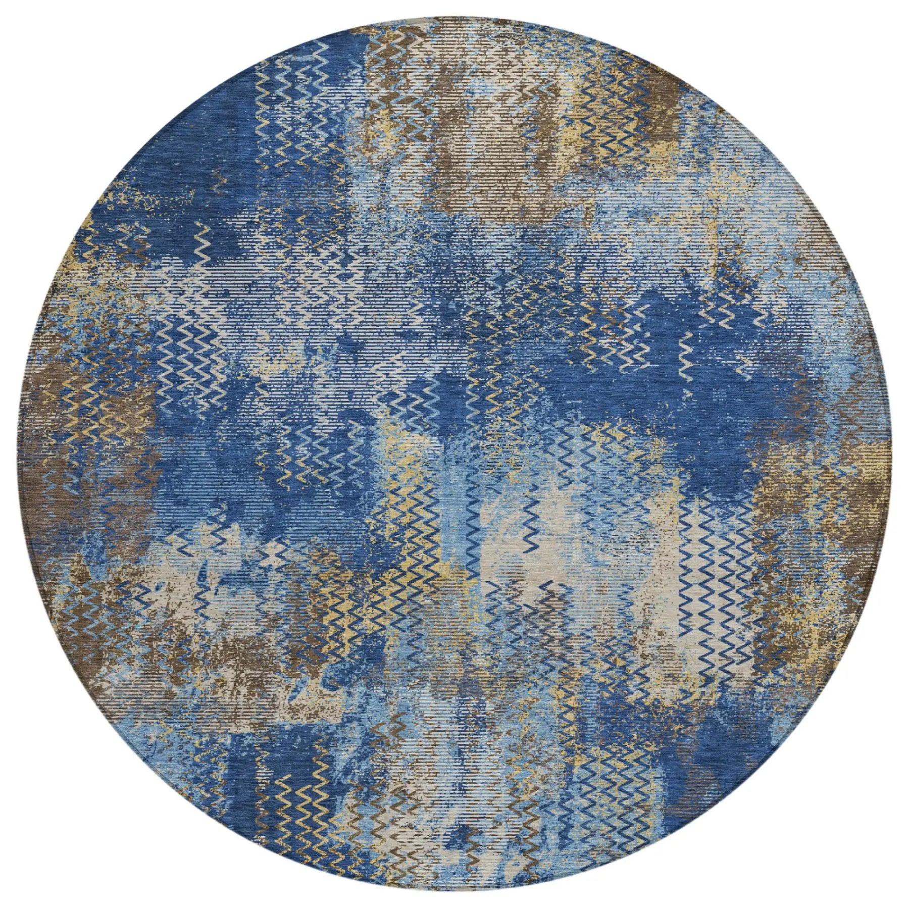 8' Navy Blue And Blue Round Abstract Washable Indoor Outdoor Area Rug Homeroots Outdoor