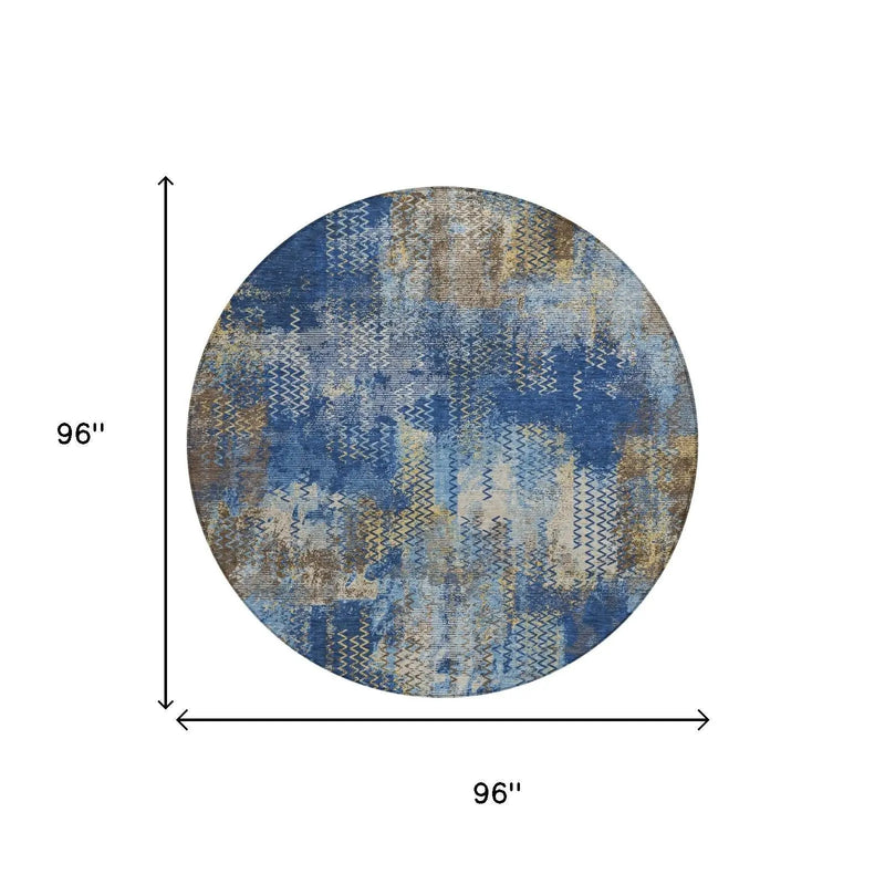 8' Navy Blue And Blue Round Abstract Washable Indoor Outdoor Area Rug Homeroots Outdoor