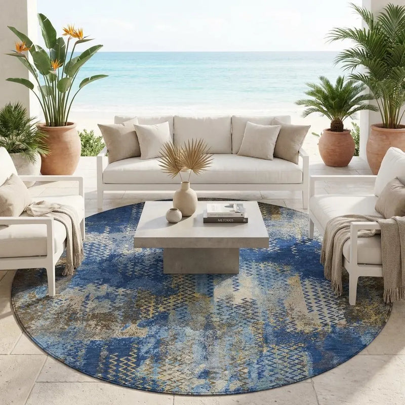 8' Navy Blue And Blue Round Abstract Washable Indoor Outdoor Area Rug Homeroots Outdoor