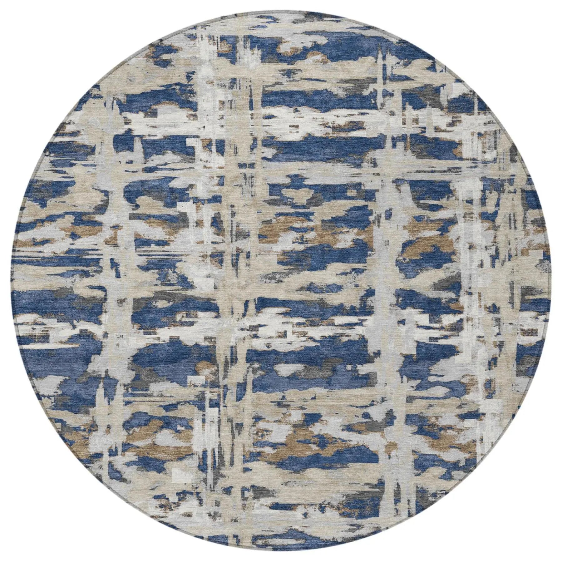 8' Navy Blue And Blue Round Abstract Washable Indoor Outdoor Area Rug Homeroots Outdoor