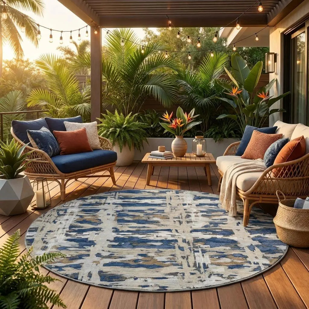 8' Navy Blue And Blue Round Abstract Washable Indoor Outdoor Area Rug Homeroots Outdoor