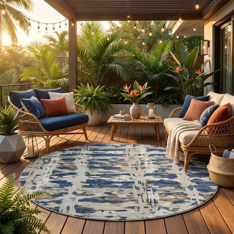 8' Navy Blue And Blue Round Abstract Washable Indoor Outdoor Area Rug Homeroots Outdoor