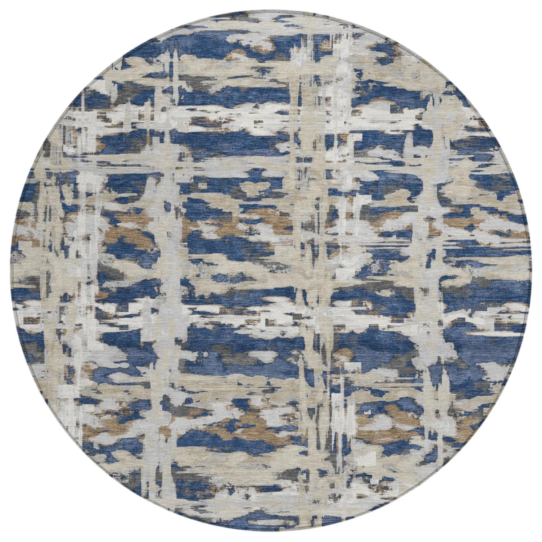 8' Navy Blue And Blue Round Abstract Washable Indoor Outdoor Area Rug Homeroots Outdoor