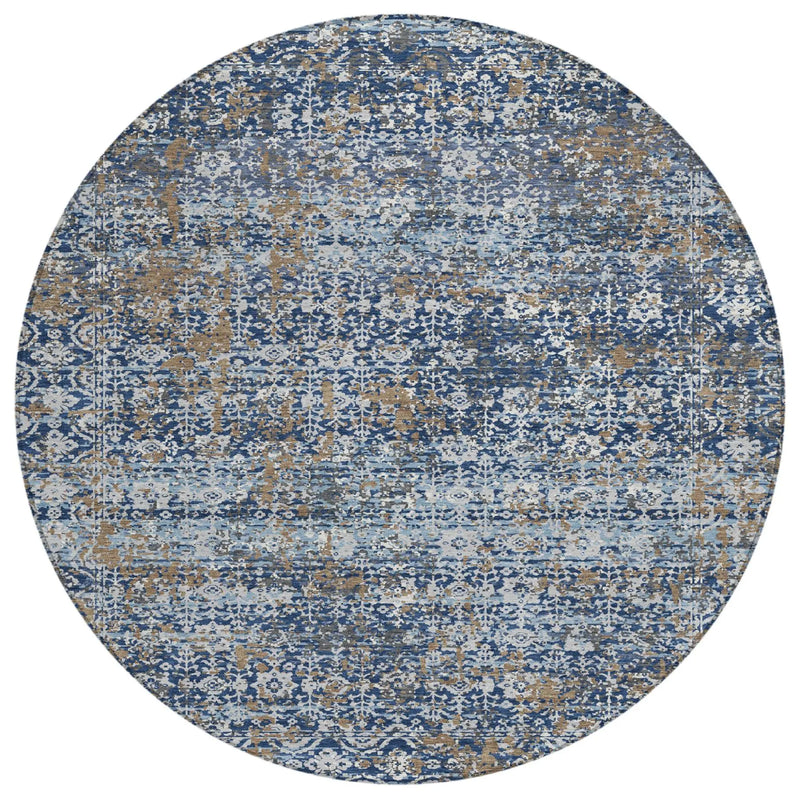 8' Navy Blue And Blue Round Abstract Washable Indoor Outdoor Area Rug Homeroots Outdoor