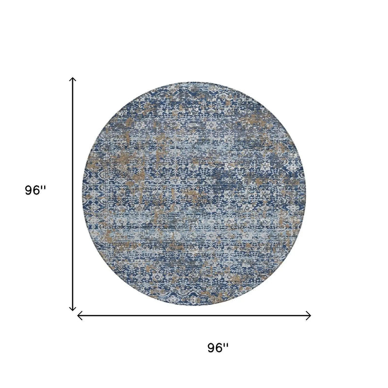 8' Navy Blue And Blue Round Abstract Washable Indoor Outdoor Area Rug Homeroots Outdoor