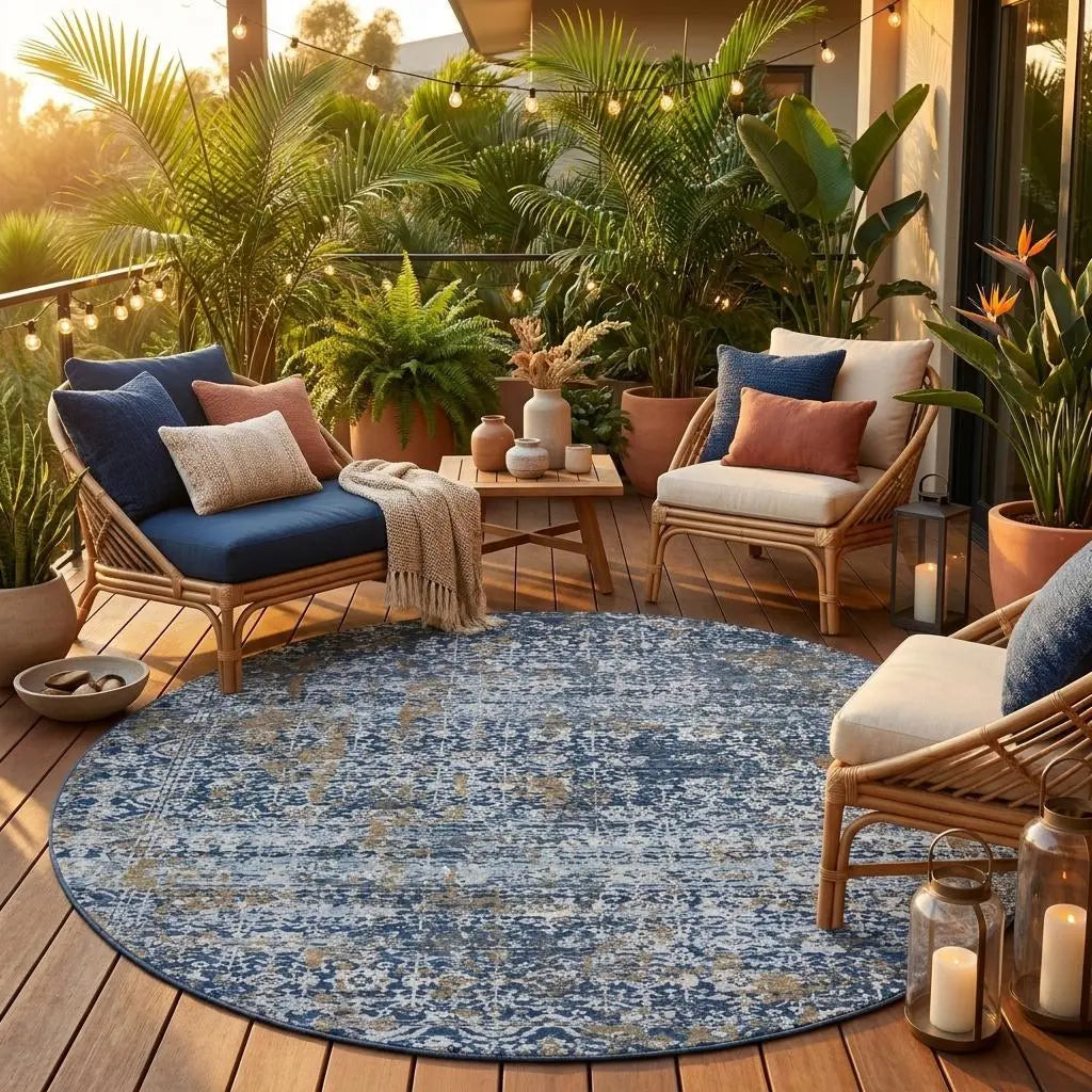 8' Navy Blue And Blue Round Abstract Washable Indoor Outdoor Area Rug Homeroots Outdoor