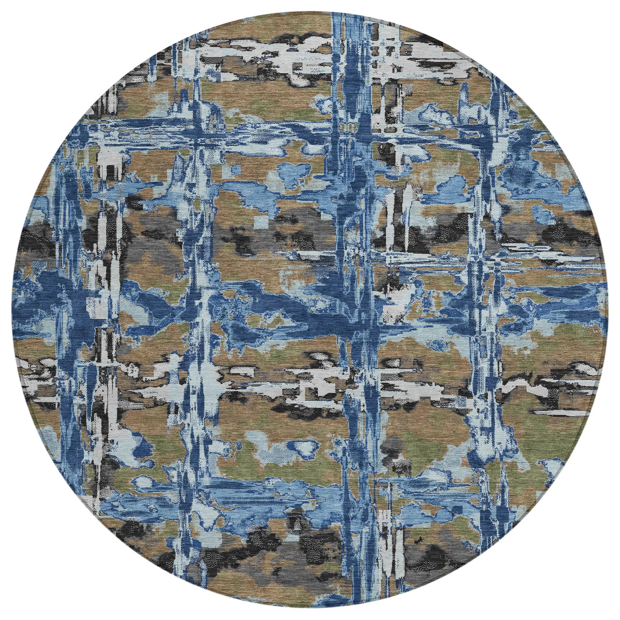 8' Navy Blue And Blue Round Abstract Washable Indoor Outdoor Area Rug Homeroots Outdoor