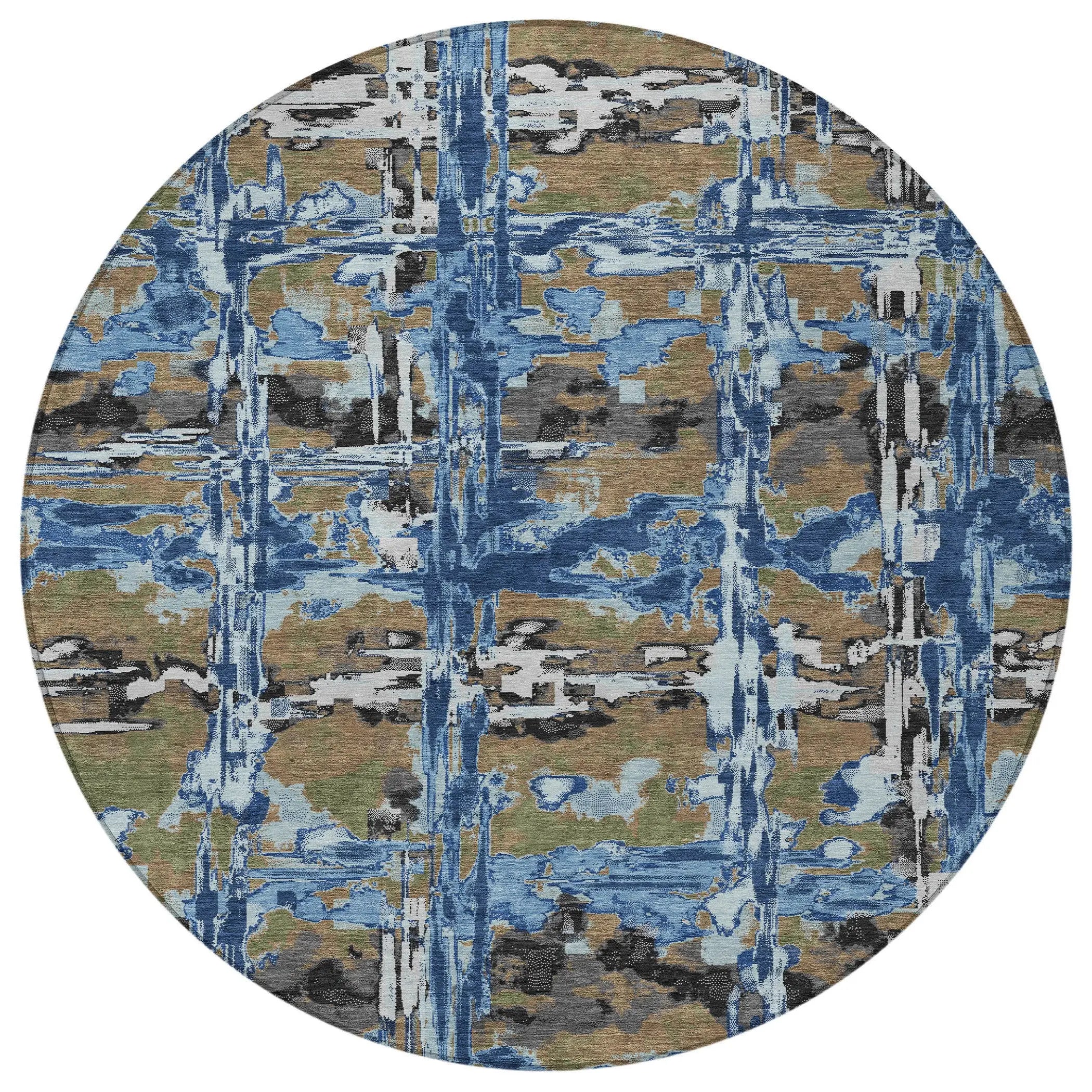 8' Navy Blue And Blue Round Abstract Washable Indoor Outdoor Area Rug Homeroots Outdoor