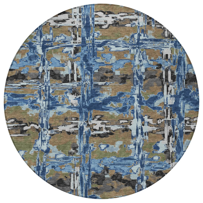 8' Navy Blue And Blue Round Abstract Washable Indoor Outdoor Area Rug Homeroots Outdoor