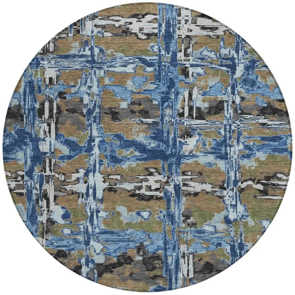 8' Navy Blue And Blue Round Abstract Washable Indoor Outdoor Area Rug Homeroots Outdoor