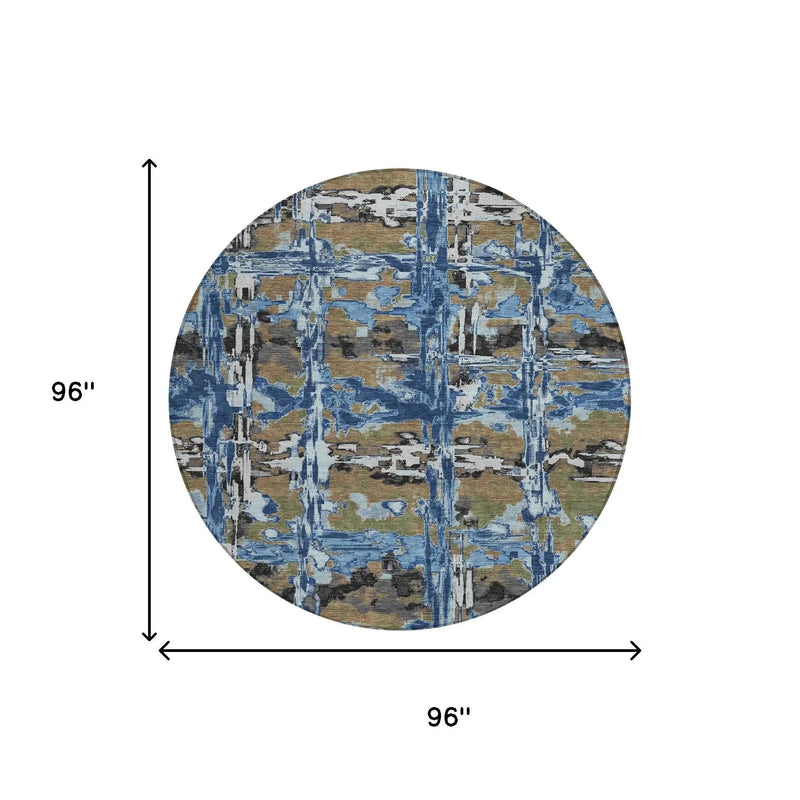 8' Navy Blue And Blue Round Abstract Washable Indoor Outdoor Area Rug Homeroots Outdoor