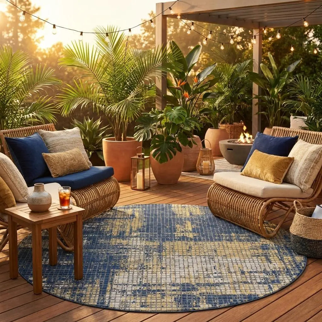 8' Navy Blue And Blue Round Abstract Washable Indoor Outdoor Area Rug Homeroots Outdoor