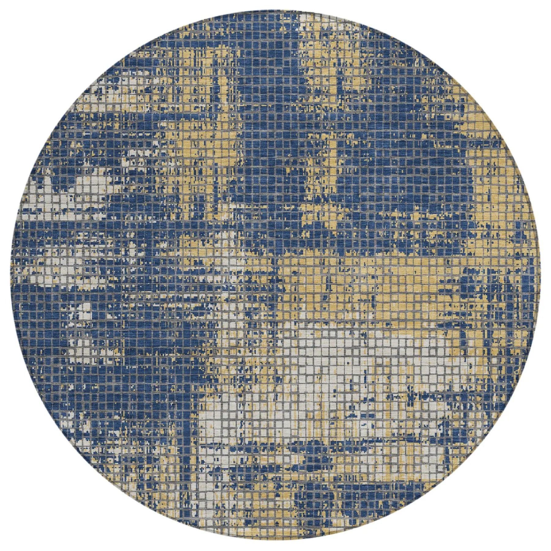 8' Navy Blue And Blue Round Abstract Washable Indoor Outdoor Area Rug Homeroots Outdoor