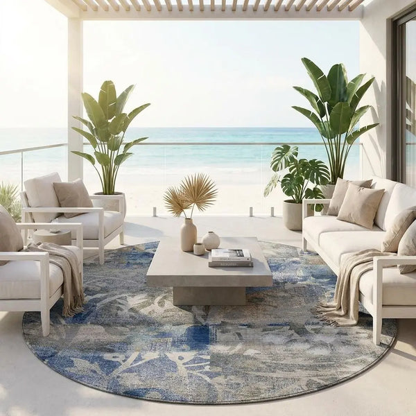 8' Navy Blue And Blue Round Botanical Leaves Washable Indoor Outdoor Area Rug Homeroots Outdoor