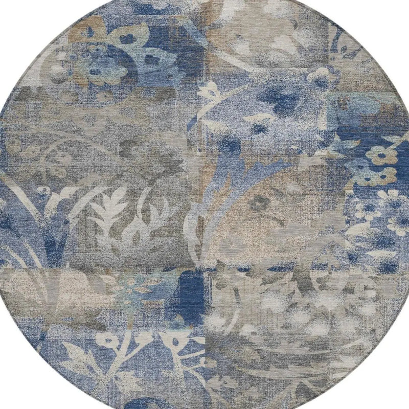 8' Navy Blue And Blue Round Botanical Leaves Washable Indoor Outdoor Area Rug Homeroots Outdoor