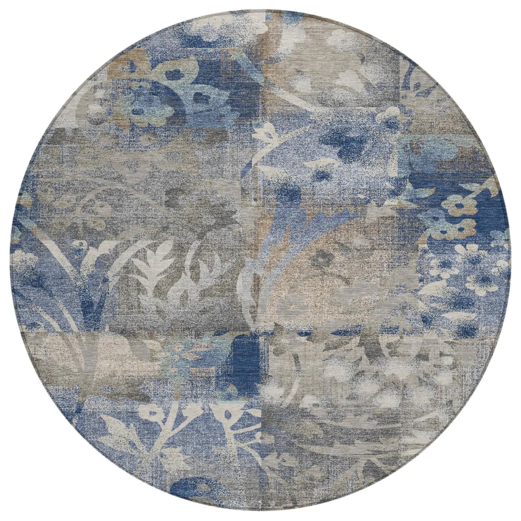 8' Navy Blue And Blue Round Botanical Leaves Washable Indoor Outdoor Area Rug Homeroots Outdoor
